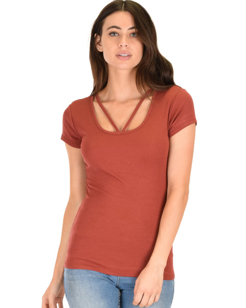 V-Neck Strappy Rust Ribbed Top