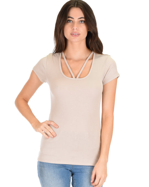 V-Neck Strappy Taupe Ribbed Top