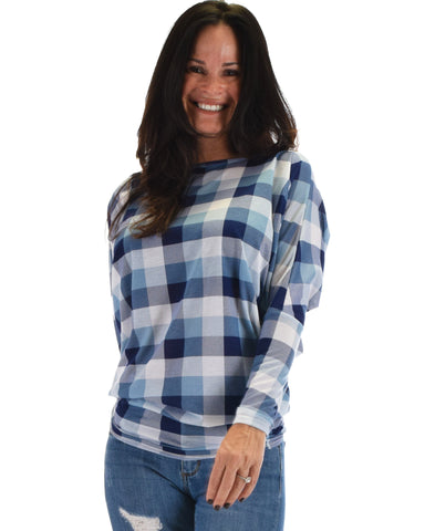 Lyss Loo Basic Instincts Long Sleeve Blue Plaid Dolman Tunic Top