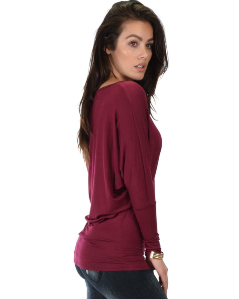 Contemporary Long Sleeve Burgundy Dolman Tunic Top