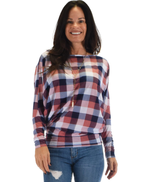 Lyss Loo Basic Instincts Long Sleeve Red Plaid Dolman Tunic Top