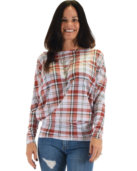 Lyss Loo Basic Instincts Long Sleeve Peach Plaid Dolman Tunic Top