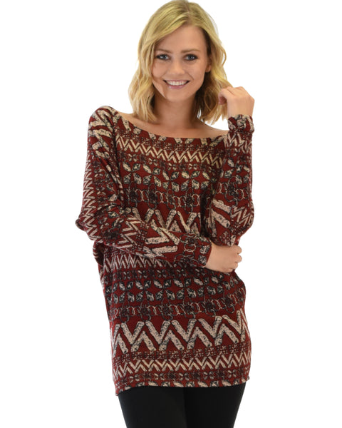 Contemporary Long Sleeve Patterned Burgundy Dolman Tunic Sweater Top