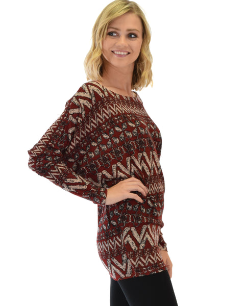 Contemporary Long Sleeve Patterned Burgundy Dolman Tunic Sweater Top