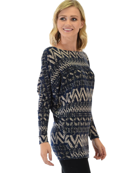 Contemporary Long Sleeve Patterned Navy Dolman Tunic Sweater Top