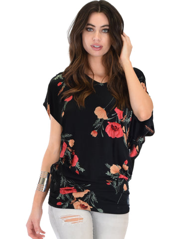 Lyss Loo Black Floral Contemporary Dolman Tunic Top. Available in plus sizes.