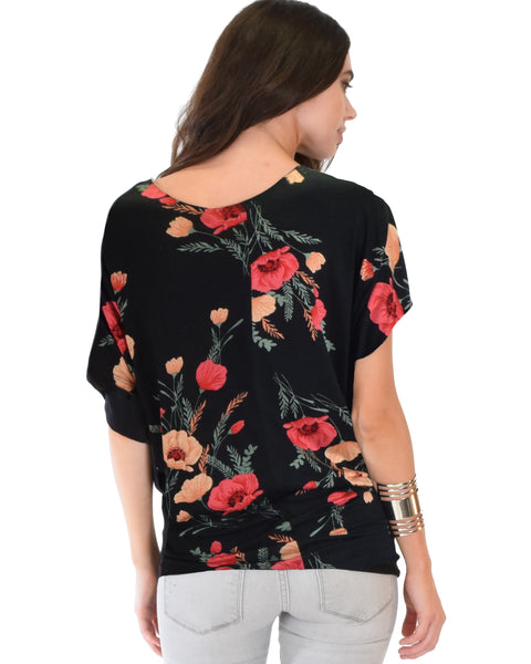 Lyss Loo Black Floral Contemporary Dolman Tunic Top. Available in plus sizes.