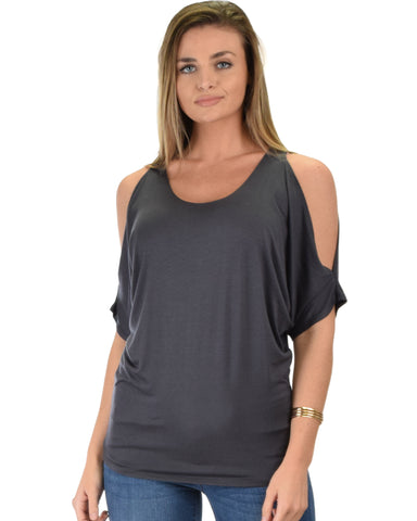 Contemporary Cold Shoulder Charcoal Dolman Tunic Top