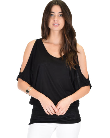 Cold Shoulder Black Slub Dolman Tunic Top