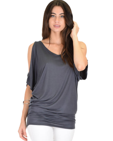 Cold Shoulder Charcoal Slub Dolman Tunic Top