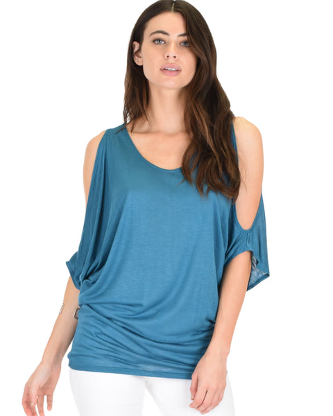 Cold Shoulder Teal Slub Dolman Tunic Top