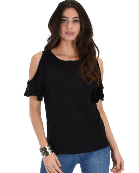 Ribbed Black Open Shoulder Top