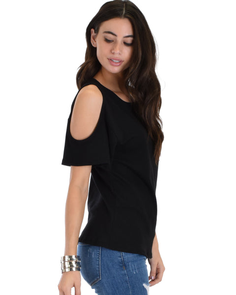 Ribbed Black Open Shoulder Top