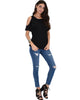 Ribbed Black Open Shoulder Top - Full Image