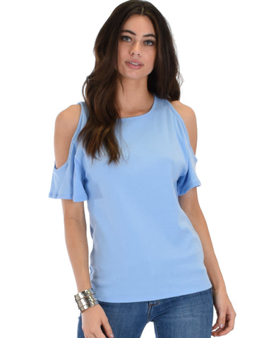 Ribbed Blue Open Shoulder Top