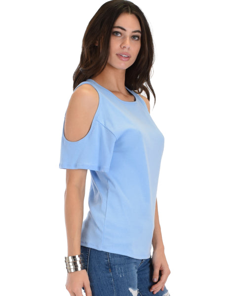 Ribbed Blue Open Shoulder Top