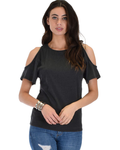 Ribbed Charcoal Open Shoulder Top