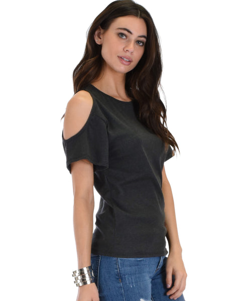 Ribbed Charcoal Open Shoulder Top