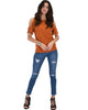 Ribbed Rust Open Shoulder Top - Full Image