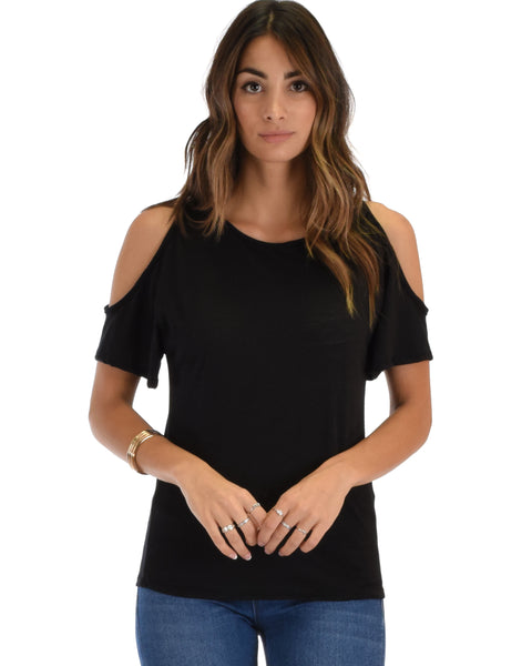 Cold Shoulder Black Slub Tunic Top