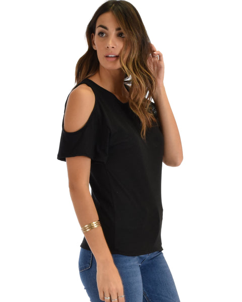 Cold Shoulder Black Slub Tunic Top