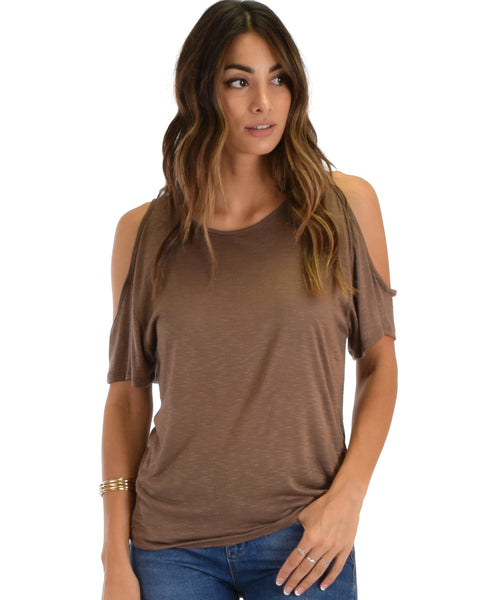 Cold Shoulder Brown Slub Tunic Top