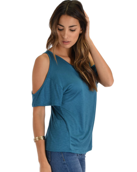 Cold Shoulder Teal Slub Tunic Top