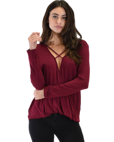 Sweeter Than Sugar Burgundy Long Sleeve Cross Straps Top