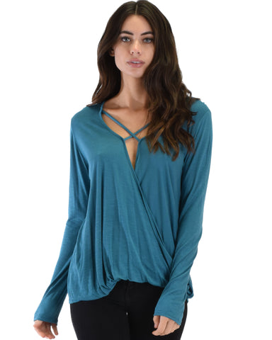 Sweeter Than Sugar Teal Long Sleeve Cross Straps Top