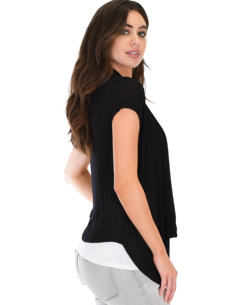 Way Deep Cowl Neck Black Tunic Top