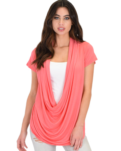 Way Deep Cowl Neck Coral Tunic Top