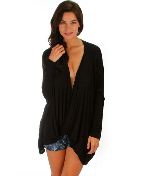 Front Twist Black Long Sleeve Top