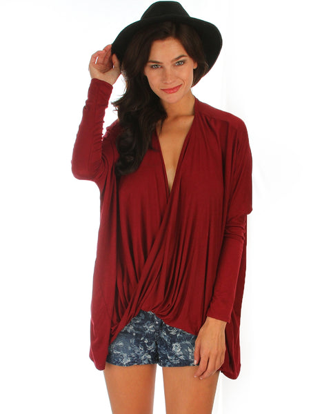 Front Twist Burgundy Long Sleeve Top