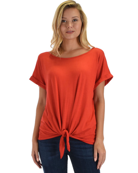 Lyss Loo Deer Heart Cuffed Sleeve Front Tie Rust Tunic Top