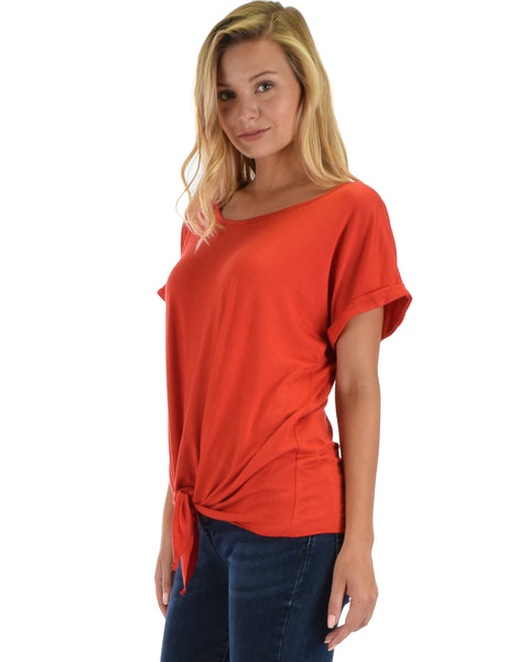 Lyss Loo Deer Heart Cuffed Sleeve Front Tie Rust Tunic Top