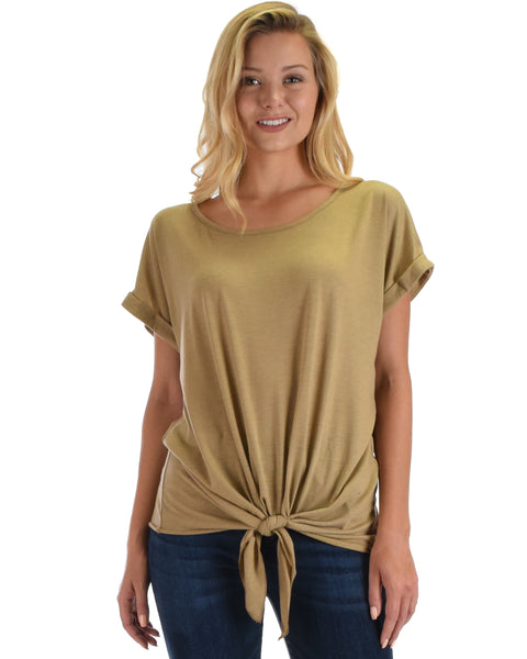 Lyss Loo Deer Heart Cuffed Sleeve Front Tie Taupe Tunic Top