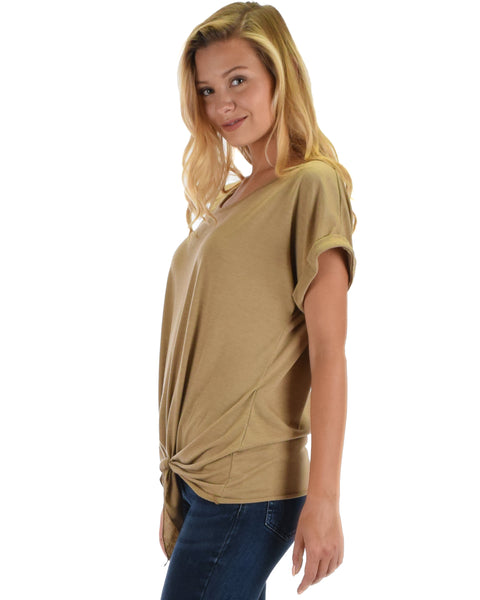 Lyss Loo Deer Heart Cuffed Sleeve Front Tie Taupe Tunic Top