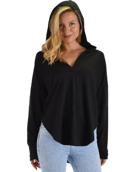 Lyss Loo Work It Out V-neck Hoodie Black Long Sleeve Top