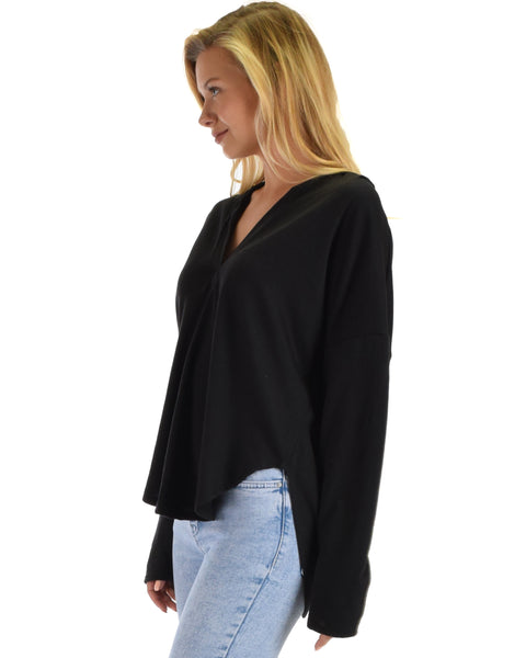 Lyss Loo Work It Out V-neck Hoodie Black Long Sleeve Top