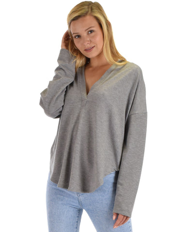 Lyss Loo Work It Out V-neck Hoodie Heather Grey Long Sleeve Top