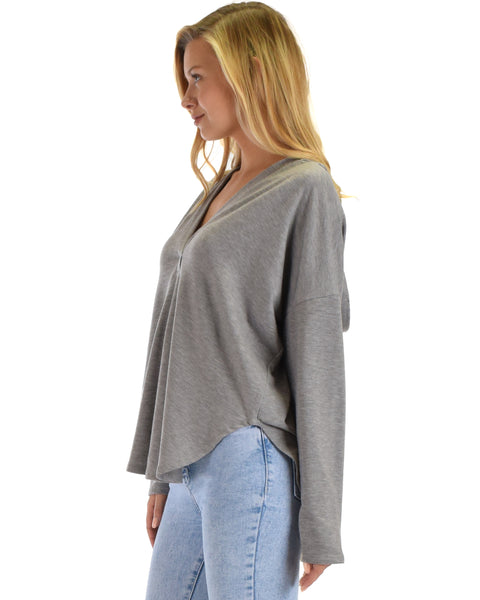 Lyss Loo Work It Out V-neck Hoodie Heather Grey Long Sleeve Top