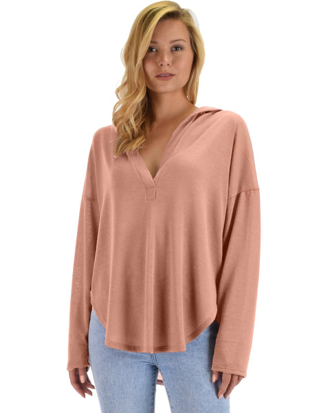 Lyss Loo Work It Out V-neck Hoodie Mauve Long Sleeve Top