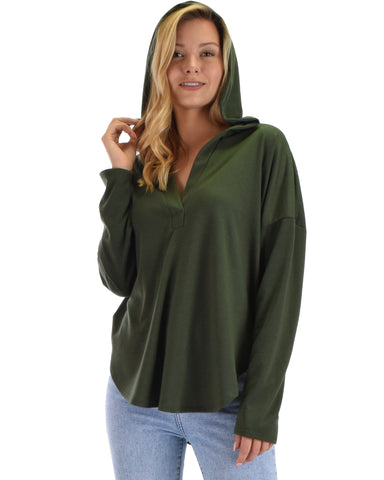 Lyss Loo Work It Out V-neck Hoodie Olive Long Sleeve Top