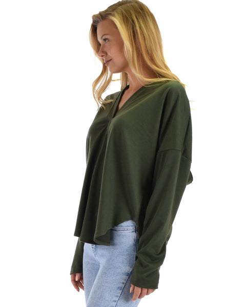 Lyss Loo Work It Out V-neck Hoodie Olive Long Sleeve Top