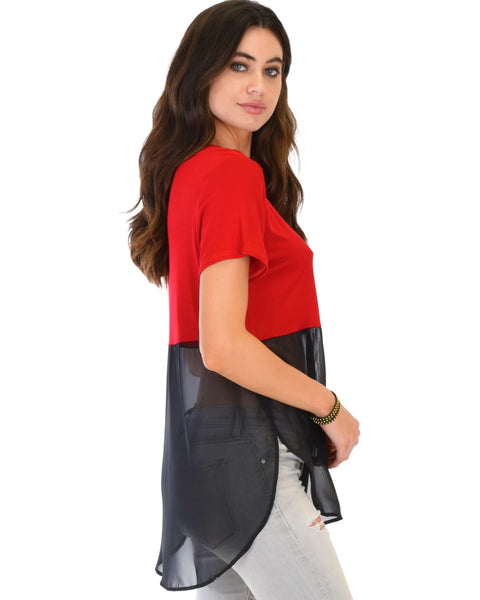 Half & Half Contrast Red Tunic Top