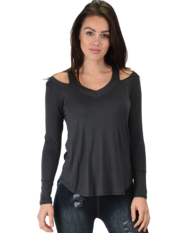 Cut Me Out Cold Shoulder Charcoal Long Sleeve Top