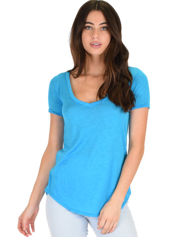 Truly Madly Deep-V Neck Blue Slub Tunic Top