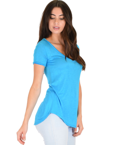 Truly Madly Deep-V Neck Blue Slub Tunic Top