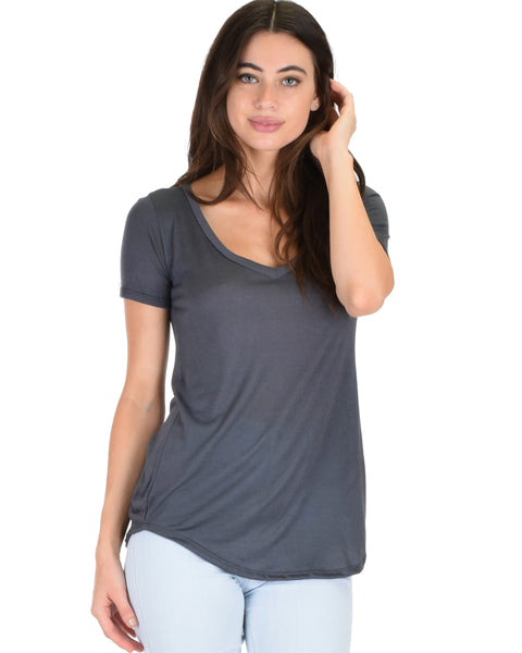 Truly Madly Deep-V Neck Charcoal Slub Tunic Top