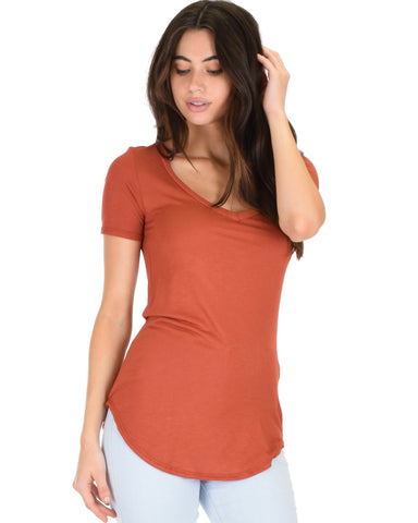 Truly Madly Deep-V Neck Rust Slub Tunic Top